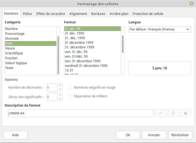 Capture d'écran de la configuration du formatage d'affichage des dates